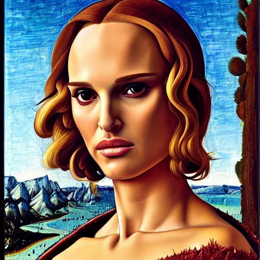 Prompt: Natalie Portman eats a baconator, portrait by Sandro Botticelli, sci-fi, amber eyes, beautiful face, appealing long hair, fantasy, Wendy's Baconator, BBQ Sauce, intricate, elegant, highly detailed, digital painting, artstation, concept art, smooth, sharp focus, oil painted illustration by Sandro Botticelli