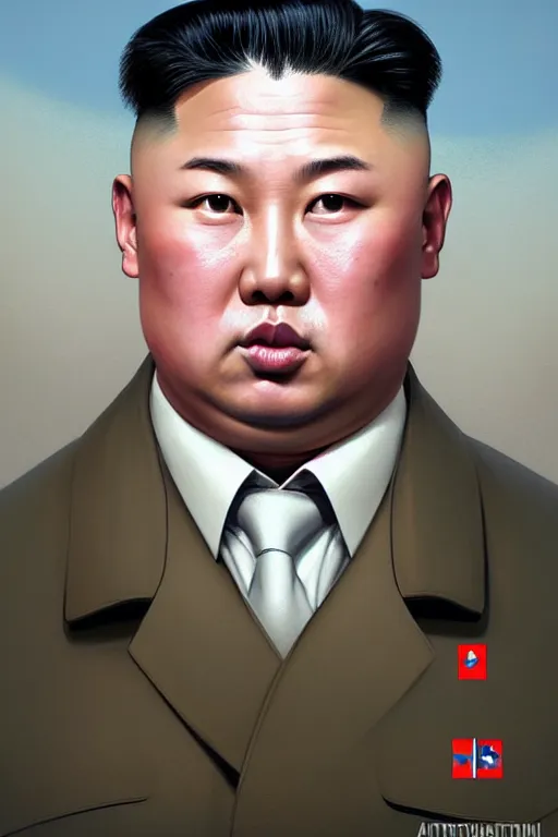 Image similar to putin with kim jong un hairstyle, realistic portrait, symmetrical, highly detailed, digital painting, artstation, concept art, smooth, sharp focus, illustration, cinematic lighting, art by artgerm and greg rutkowski and alphonse mucha