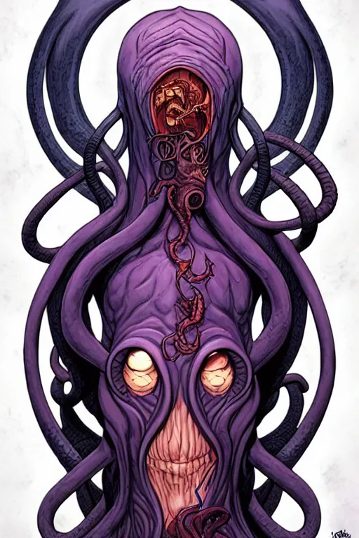 Image similar to comic cover art of an illithid, dnd, high fantasy digital illustration, by jenny frison and sana takeda, intricate details, stunning inking lines, flat colors, 4 k, hd, artstation