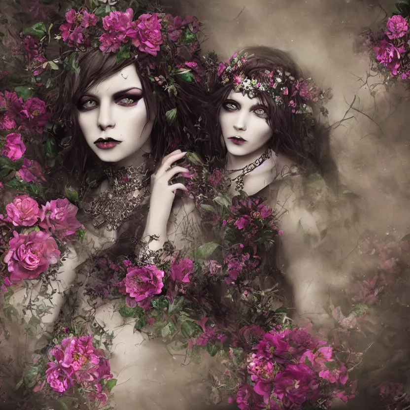 Image similar to A portrait of a Gothic goddess of floral jewels in an empty land, dark and mysterious, lively atmospheric, cinematic, 8k, 4k, ultra detail, ultra-realistic, rendered by DeviantArt