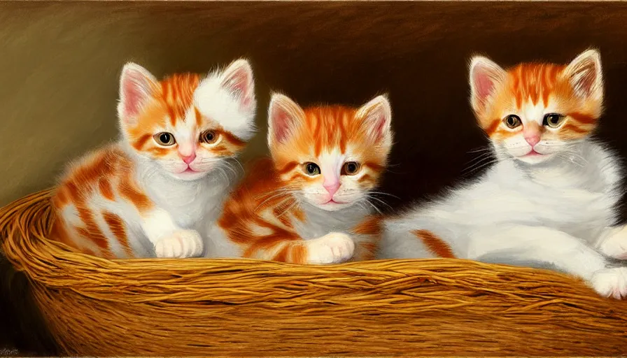 Prompt: highly detailed painting of cute furry calico and ginger tabby kittens cuddled up in a basket by william turner, thick brush strokes and visible paint layers, 4 k resolution