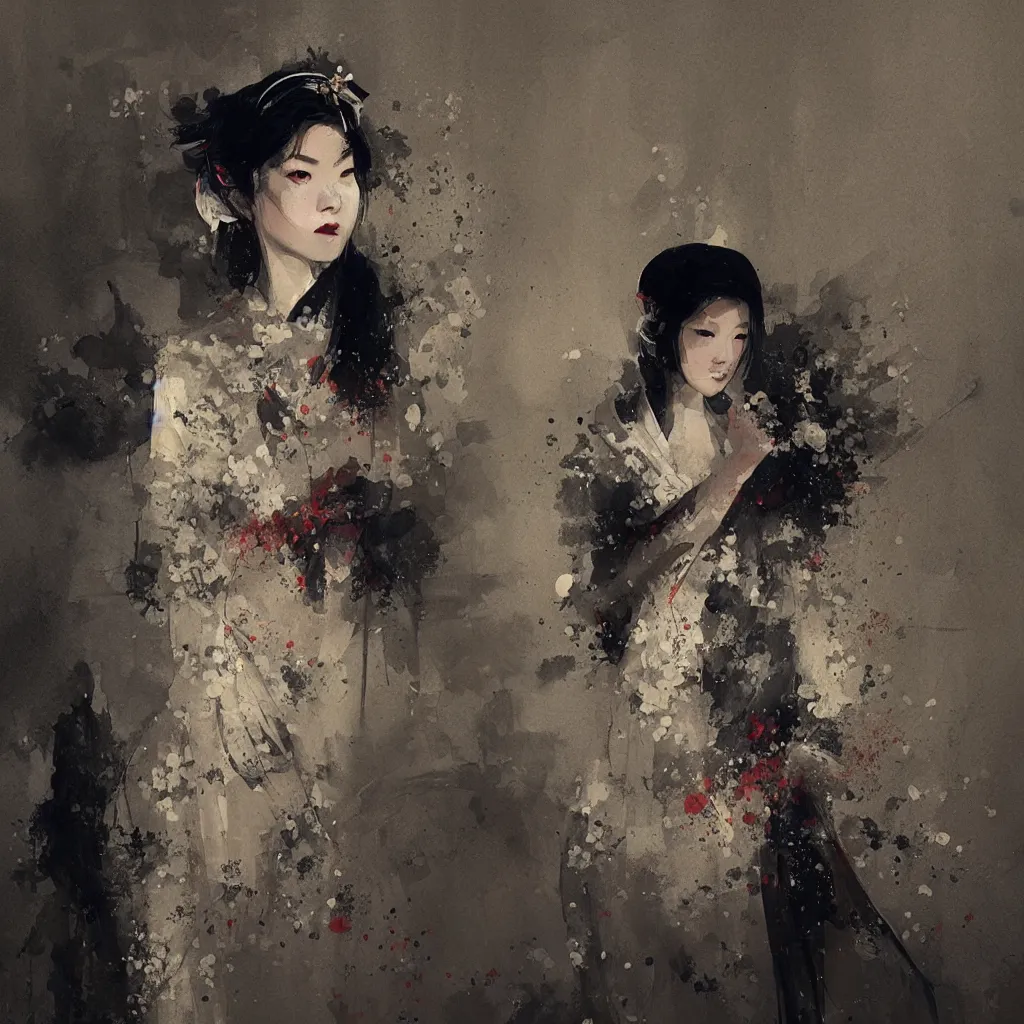 Image similar to female geisha girl, beautiful face, rule of thirds, intricate outfit, spotlight, by greg rutkowski, by jeremy mann