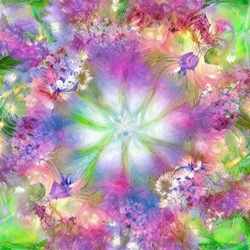 Prompt: Digital art. This illustration is a large canvas, covered in a wash of color. In the center is a cluster of flowers, their petals curling and twisting in on themselves. The effect is ethereal and dreamlike, and the overall effect is one of serenity and peace. cool by John James Audubon extemporaneous