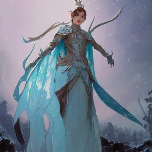 Image similar to a mid - shot portrait of a snow elf in a turquoise cape and silver armor with a bow, pale skin, winter vibes, intricate, elegant, art by artgerm and greg rutkowski and alphonse mucha, concept art, sharp focus, octane render, cgsociety