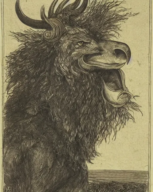 Image similar to a creature with the body and eyes of a man, with the beak of an eagle, the mane of a lion, and the horns of an ox. drawn by francis bacon