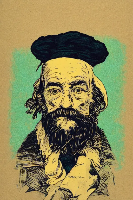 Image similar to a CMYK Risograph print of a grizzled old sea captain