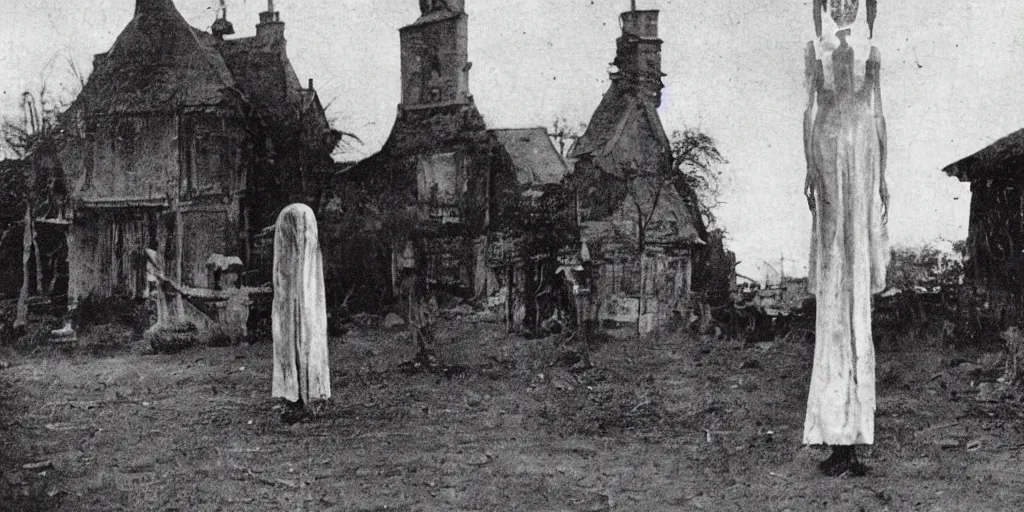 Image similar to scary unproportionable tall ghost creature in the middle of a village, 1900s picture