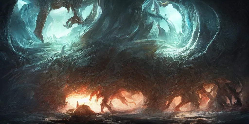 Image similar to hordes of beasts coming out of a dimensional portal, concept art, digital illustration, trending on artstation, deviantart, artgerm, epic composition, masterpiece, highly detailed, advanced technique, ambient lighting, wlop, ross draws