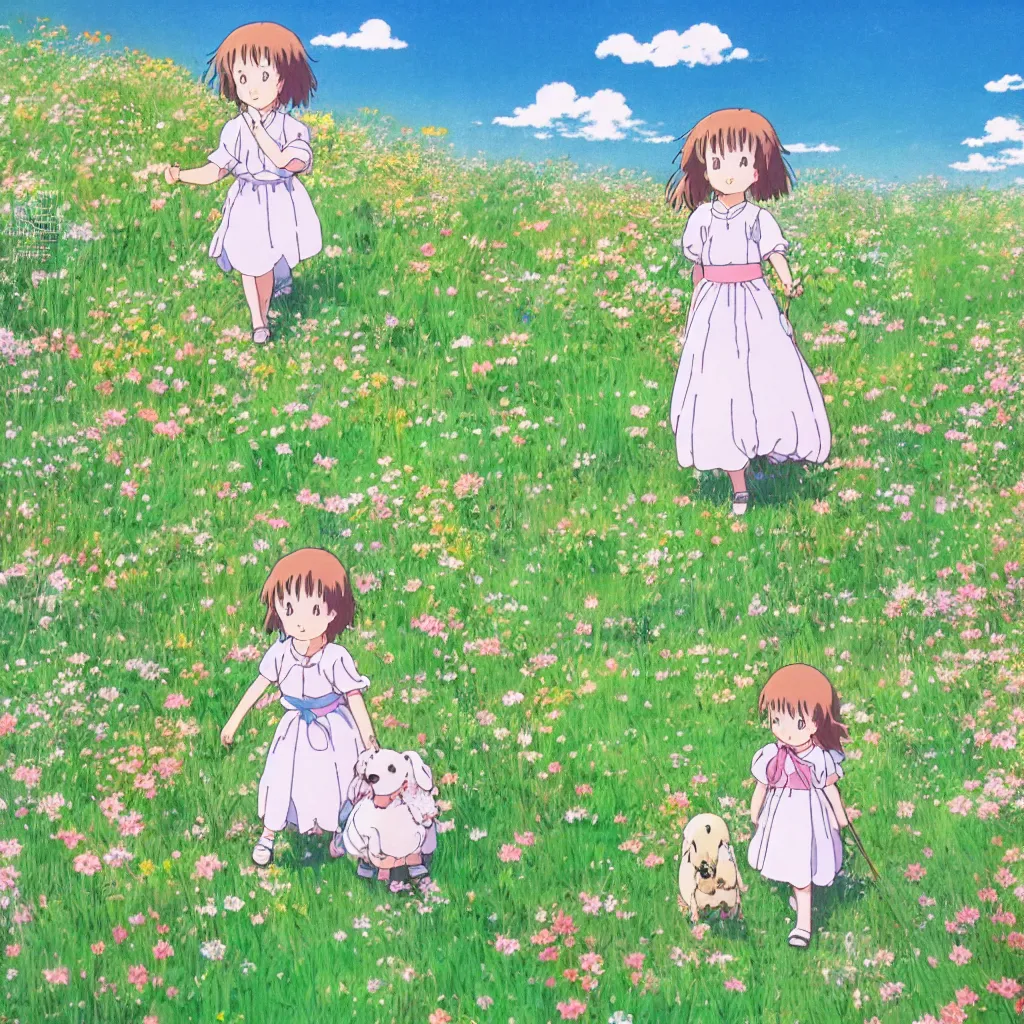 Prompt: little girl in princess dress with her puppy, walking through a field of flowers, puffy clouds, beautiful, summer, calm, studio ghibli, art by hayao miyazaki, makoto shinkai