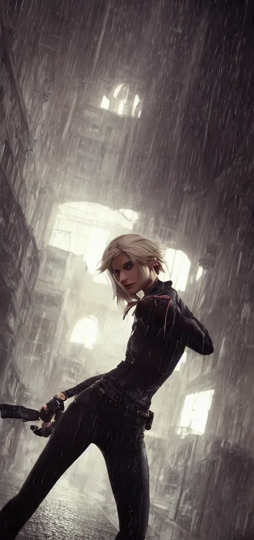 Prompt: professional shot annie leonhart in dunwall city, mid air shot, redshift render, beautiful face, detailed face, cinematic lighting, rainy weather, melancholy atmosphere, volumetric light, octane render, dishonored 1, gothic architecture, realistic reflections, octane render 8 k, action shot