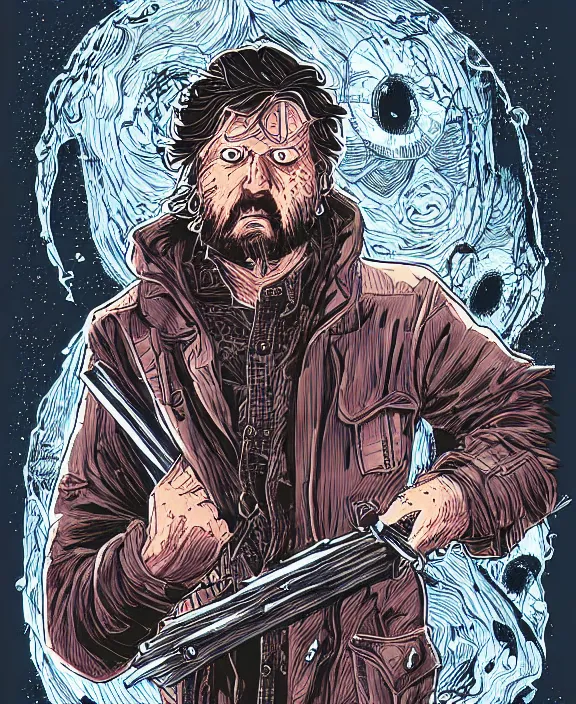 Prompt: illustration of MacReady from The Thing (1982), Junji Ito poster art, Dan Mumford style, detailed