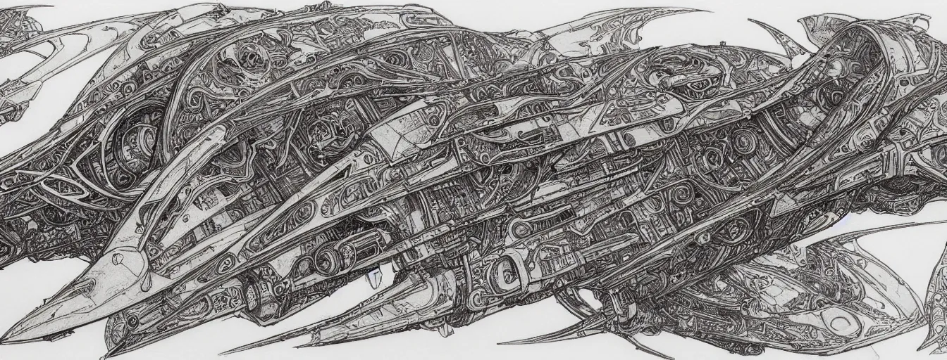 Image similar to highly detailed concept art sheet drawing, side view, sf interstellar travel drive designs, intricate and stylized spaceship designs by zdizslaw beksinski, h. r giger, alphonse mucha