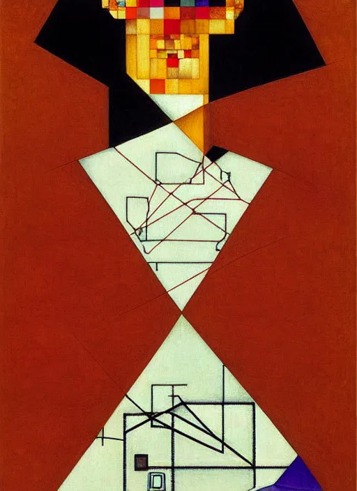 Image similar to creative coder with a computer in geometric harmony, by egon schiele and quint buchholz, portrait, colorful, escher, detail