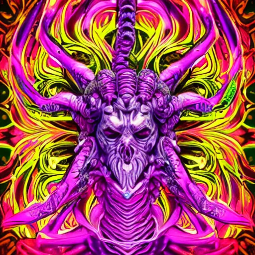 Image similar to 4 k stylized neon headshot of godlike cthulhu with defined arms and open hands and bloody clothes with giant mandala wings, intricate face, flawless anime cel animation by kentaro miura, psychedelic, highly detailed upper body, professionally post - processed, beautiful, scary, symmetry accurate features, epic, octane rendered, anime masterpiece, accurate