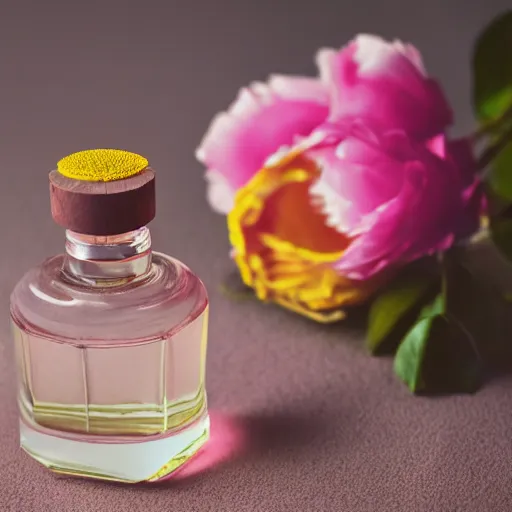 Image similar to perfume bottle sitting on a pile of pale pink and yellow flowers close shot, light pink background, softly - lit, soft - femme, zen, light, modern minimalist f 2 0 clean