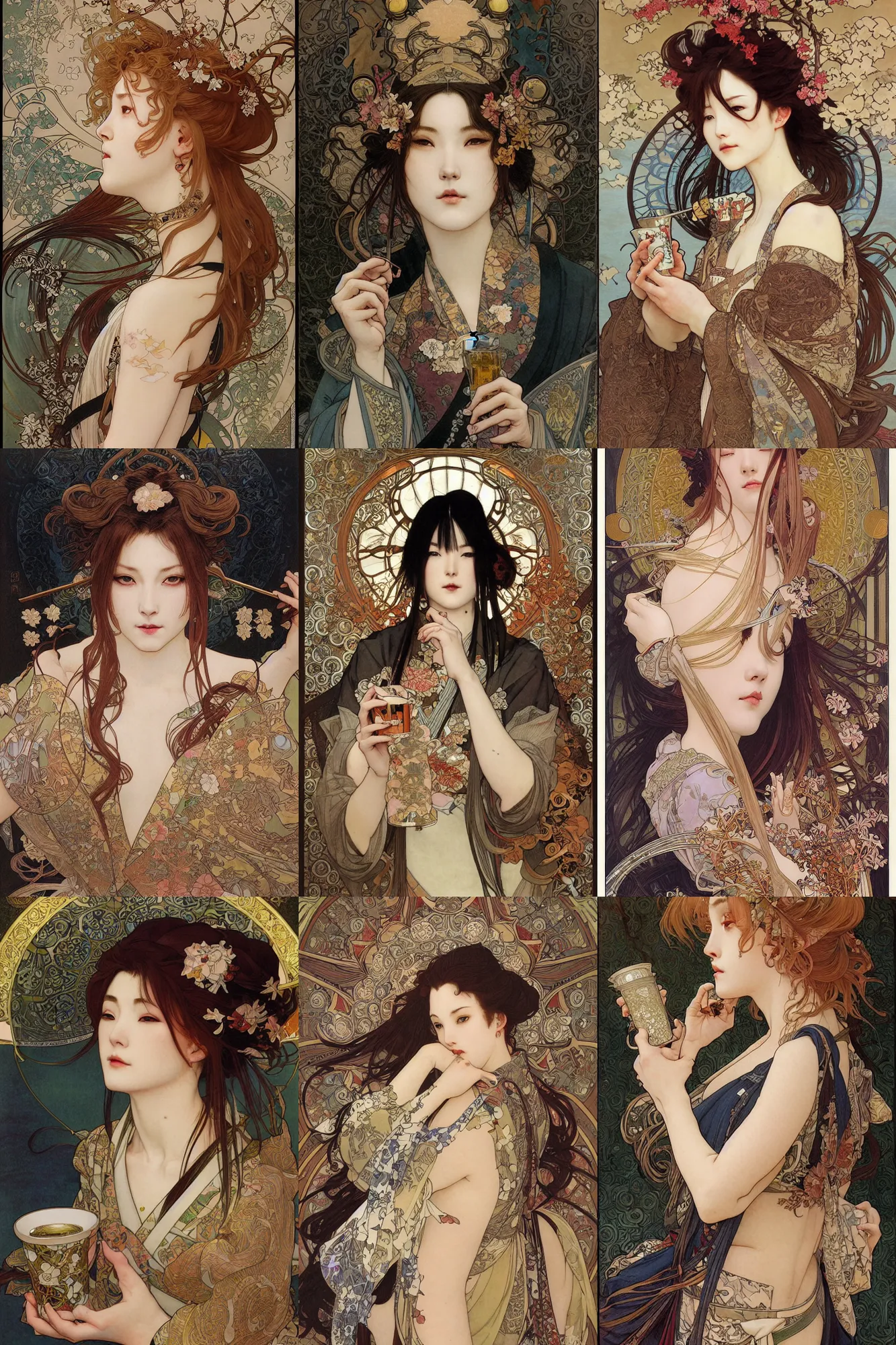 Prompt: realistic detailed painting of japan ronin drinking sake, painted by Alphonse Mucha, Ayami Kojima, Amano, Charlie Bowater, Karol Bak, Greg Hildebrandt, Jean Delville, and Mark Brooks, Art Nouveau, Neo-Gothic, intricate complexity, gothic, rich deep colors