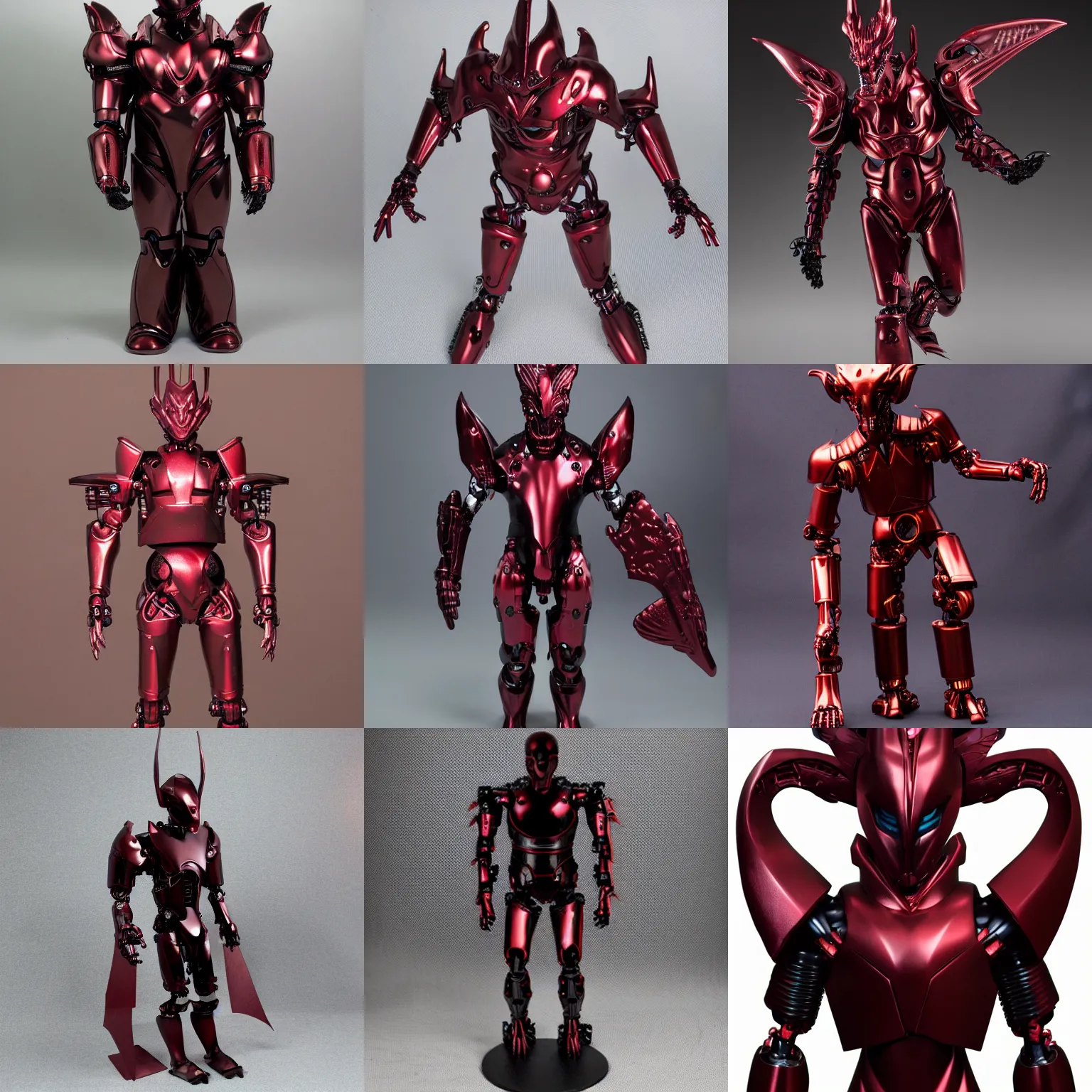 Prompt: ominous cybernetic humanoid figure with dark red matte metallic thick armor plates as skin, dragon head