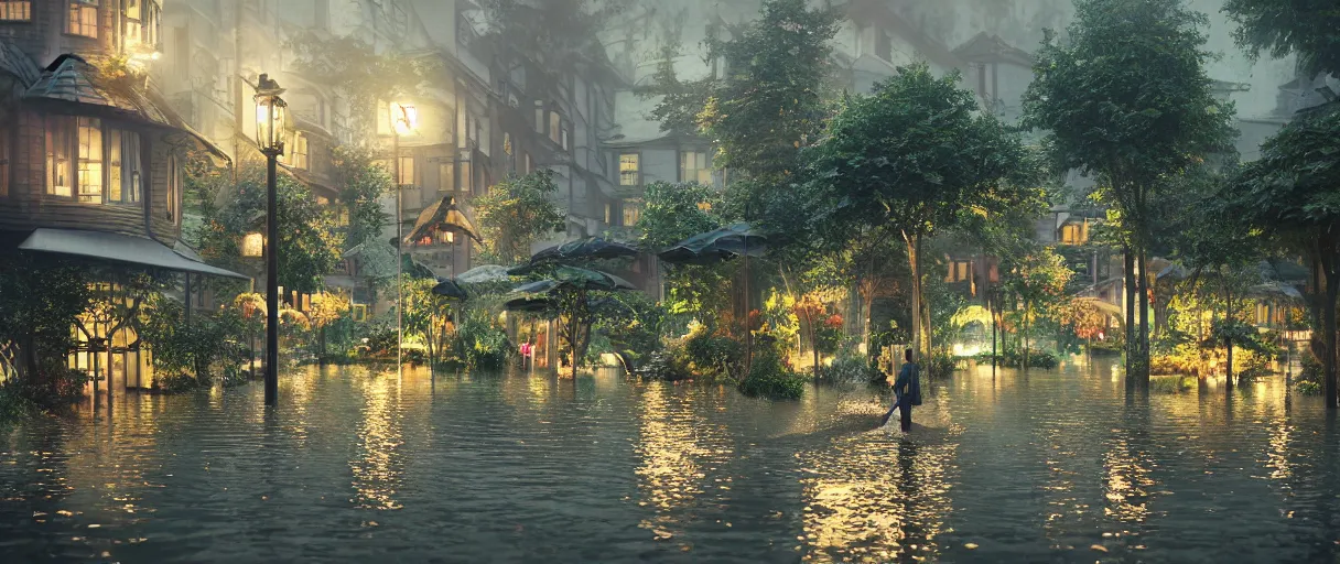 Image similar to carriership landing on raining night at flooded miniature city, emotion is on the rise on the town, cute style garden, octane render, trees, evergreen, patio, garden, wet atmosphere, tender, soft light misty yoshitaka amano, and artgerm, pixel art