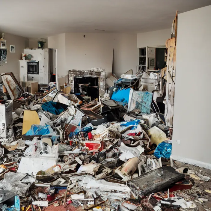 Image similar to trashed modern home interior, color photograph, canon eos c 3 0 0, ƒ 1. 8, 3 5 mm, 8 k, medium - format print