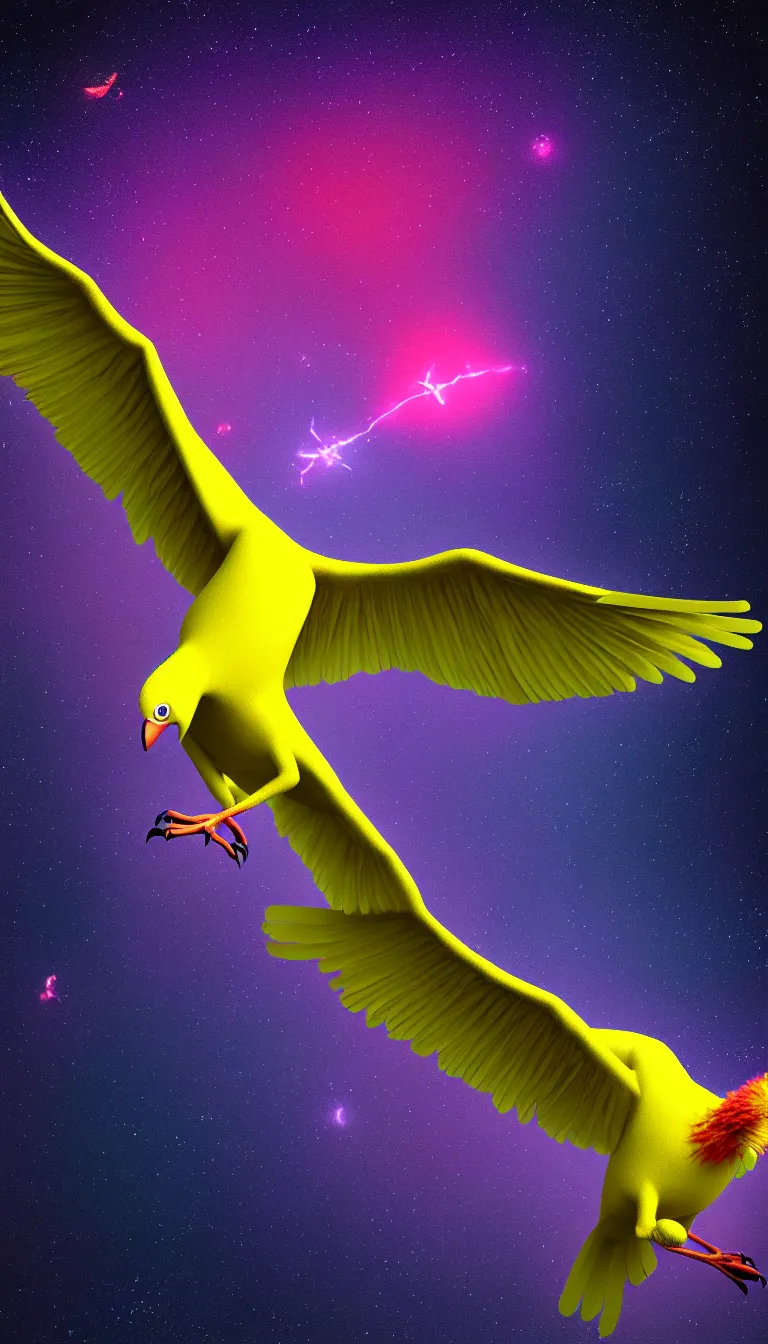 Prompt: highly detailed photo of only one colorful big bird flying in the dark space, all birds head and eye are visible, hyper realistic, concept art, 8 k detail post - processing