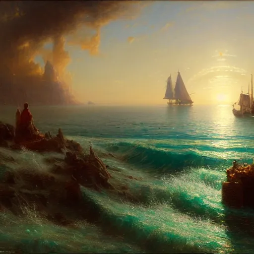 Image similar to point of view, you are deep in the ocean looking up, you see fishes, flora and fauna, higher you see the splendorous milk way illuminating the sea. highly detailed painting by gaston bussiere, greg rutkowski 8 k