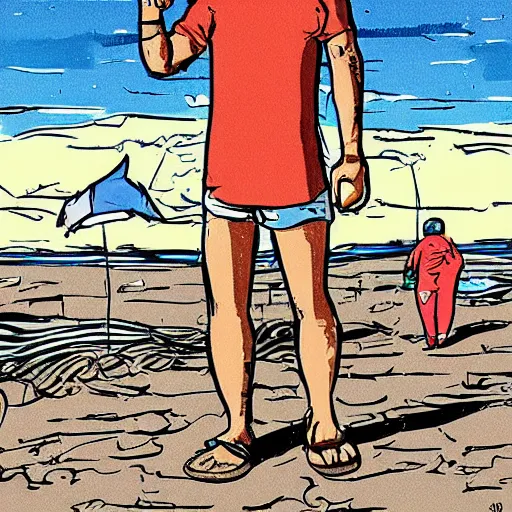 Prompt: smartphone addicted man on the seaside, comic art by Andrea Pazienza