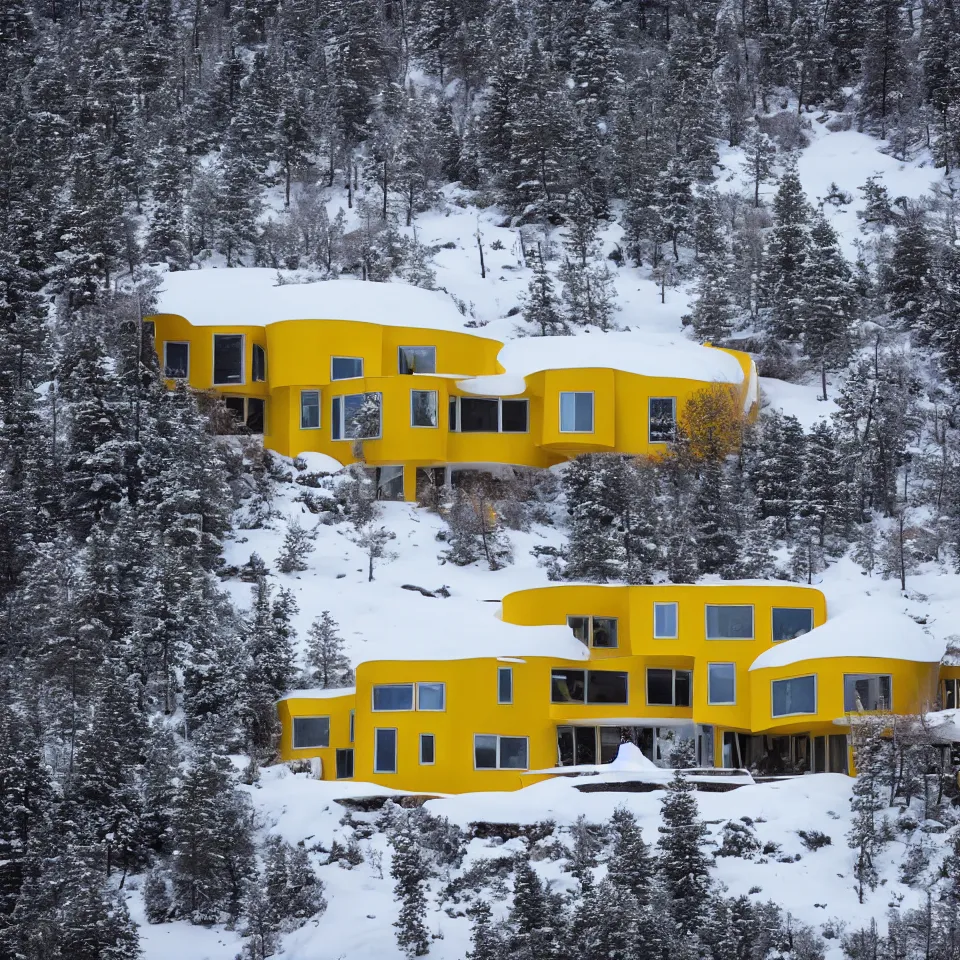 Image similar to a mid-century modern house on top of a cliff in the arctic, covered with snow, designed by Frank Gehry, with a long pathway toward it. Big tiles. Film grain, cinematic, yellow hue