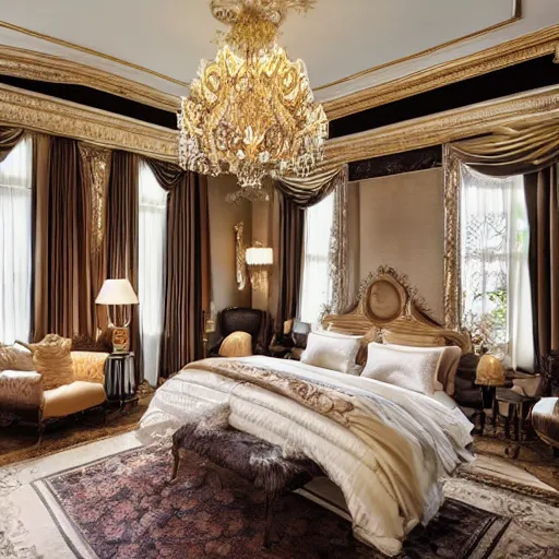 Prompt: an exquisitely furnished bedroom in a high-class mansion