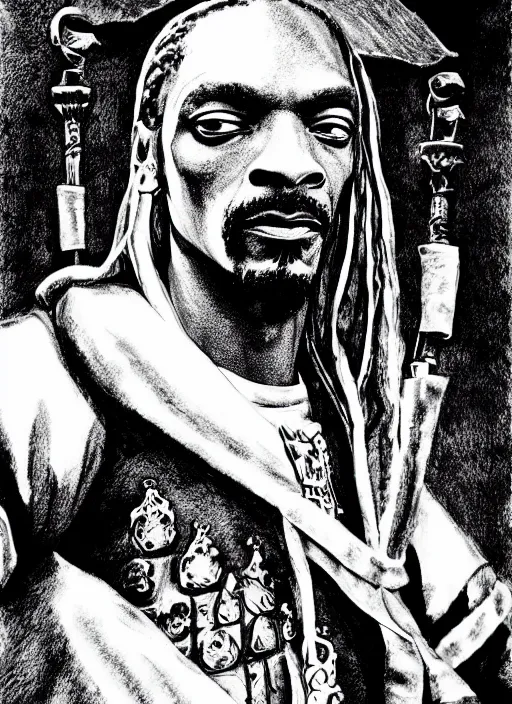 Image similar to Snoop Dogg as a knight, highly detailed, black and white, manga, art by Kentaro Miura