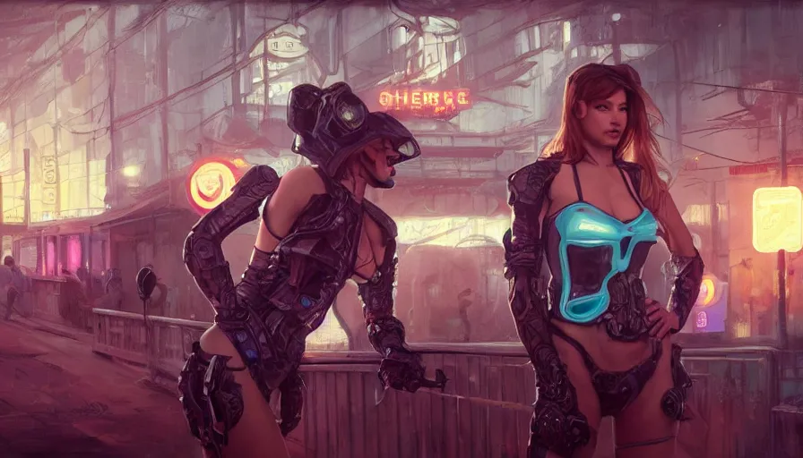 Prompt: sheriff and a girl, street deal, cheap contiousness, pinup, neon, alterd carbon, mech suit, fibonacci, sweat drops, insane, intricate, highly detailed, digital painting, artstation, concept art, smooth, sharp focus, illustration, Unreal Engine 5, 8K, art by artgerm and greg rutkowski and alphonse mucha