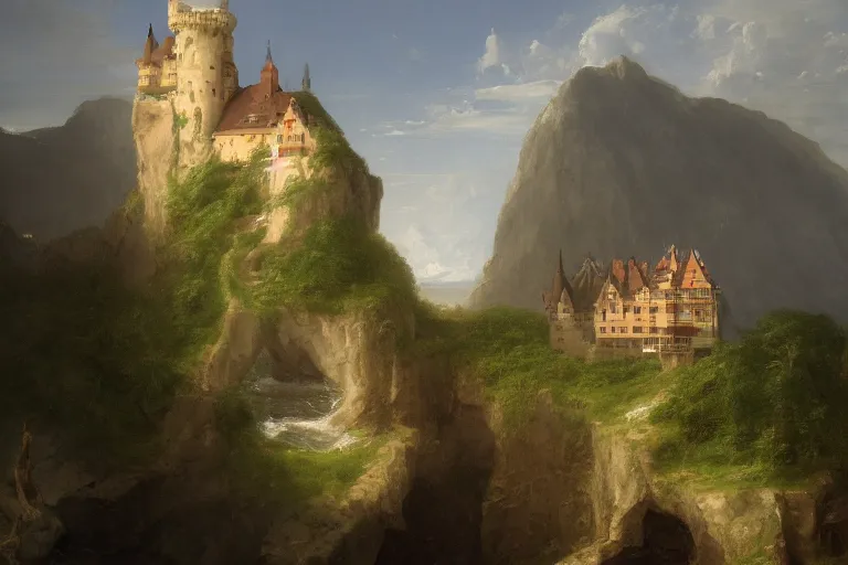 Image similar to a german castle on the cliff, by thomas cole, trending on artstation