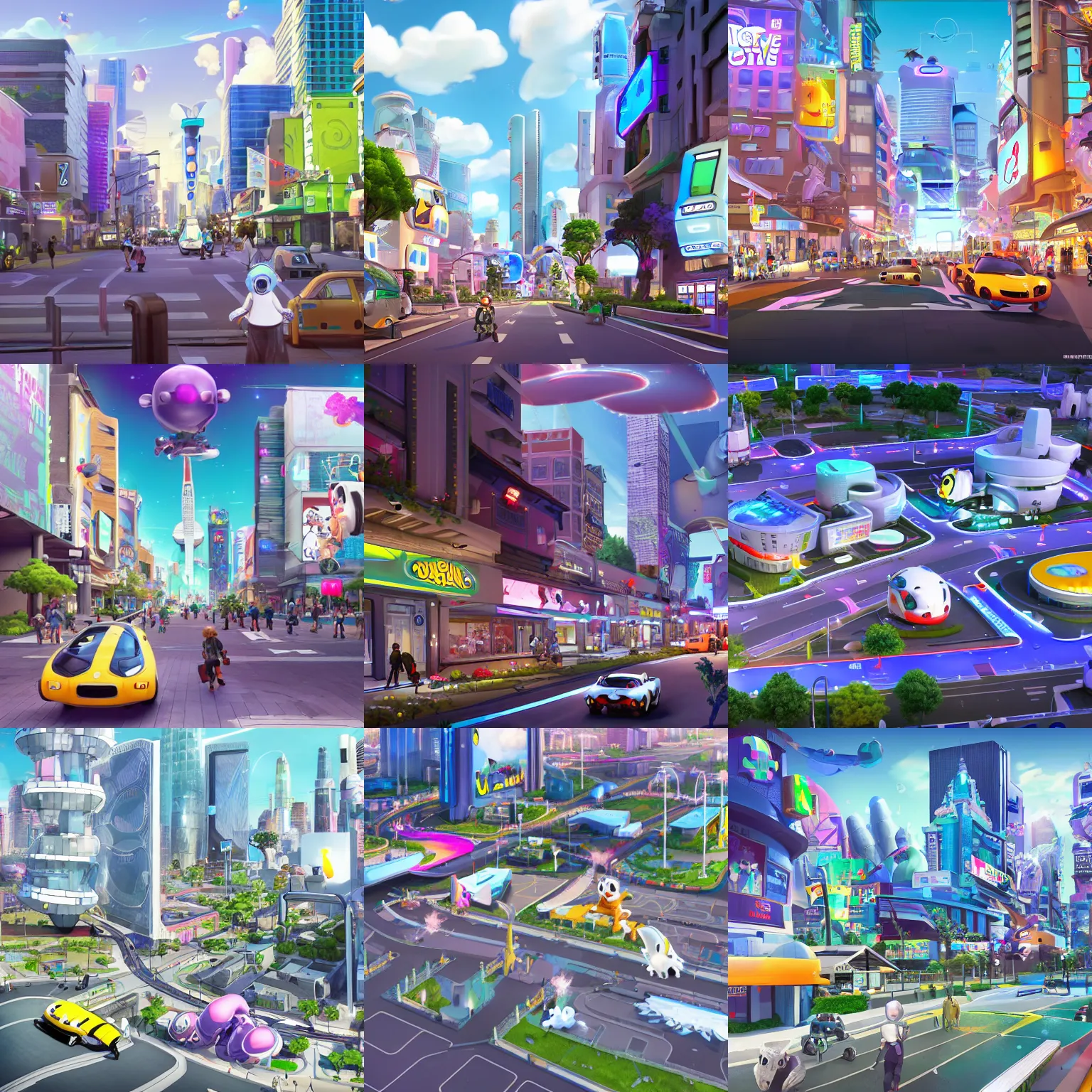 Prompt: a new future urban city, white buildings + colorful decorative + led billboards + brand logo, cute future vehicles, cute spacecraft flying in the air, cute pokemon walking on the street, cute scene, huge universe, planet in the sky far away, sports center buildings, dokev, ratchet & clank, overwatch, splatoon 3, big hero 6, zootopia,