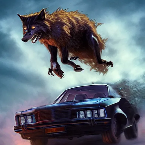 Image similar to werewolf driving a car, crashing it, artstation, Michael Whelan, digital art, felix Kelly, 8k photography