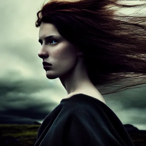 Image similar to photographic portrait of a stunningly beautiful female scottish highlands witch dark moody clouds, contemporary fashion shoot, by edward robert hughes, annie leibovitz and steve mccurry, david lazar, jimmy nelsson, breathtaking, 8 k resolution, extremely detailed, establishing shot, artistic, hyperrealistic, perfect face, octane render