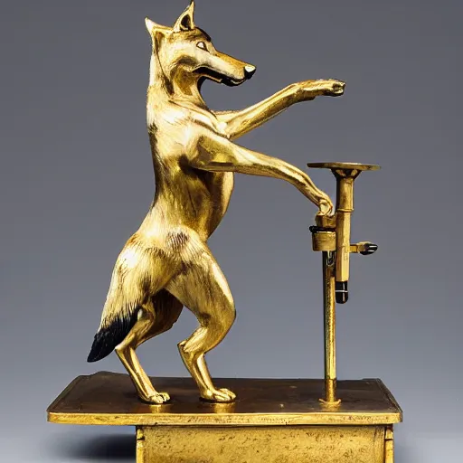 Prompt: 19th century mechanical automata depicting a wolf in a workshop, gold and silver