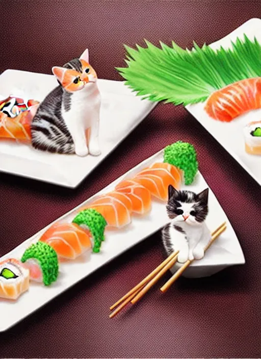 Image similar to clear photorealistic picture of adorable cats made out of sushi