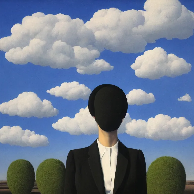 Prompt: portrait of a faceless shadow - head woman in a suit, clouds in the background, by rene magritte, detailed painting, distance, centered, hd, hq, high resolution, high detail, 4 k, 8 k