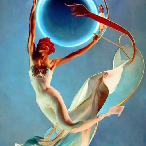 Prompt: A kinetic sculpture. A rip in spacetime. Did this device in his hand open a portal to another dimension or reality?! light blue by Rolf Armstrong composed