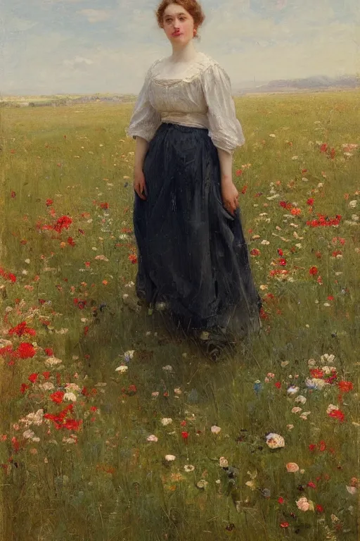 Image similar to Solomon Joseph Solomon and Richard Schmid and Jeremy Lipking victorian genre painting portrait painting of an elegant slim young cottagecore girl in an open field of flowers, red background