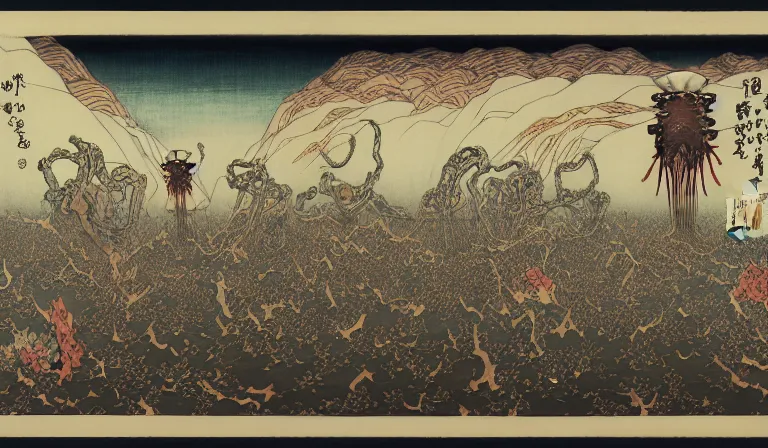 Image similar to still frame from Prometheus by utagawa kuniyoshi in Yves Tanguy style, Vast blosoming hell plains with resurrecting arcane glowing mycelium biomechanical giger cyborgs in style of Jakub rozalski with character designs by Neri Oxman, metal couture haute couture editorial