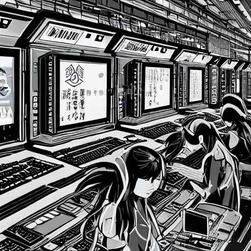 Image similar to beautiful twin sisters hacking into the mainframe of the pentagon, in the style of hiroya oku and riyoko ikeda, black and white, photorealistic, epic, super technical