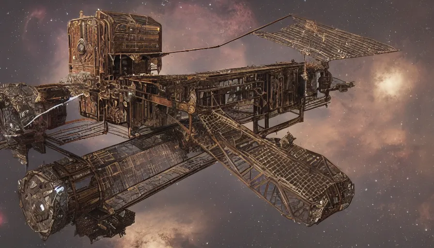 Prompt: a victorian-era 1890\'s space station made of iron and wood in orbit, ultra-realistic, 4K, color, trending on artstation