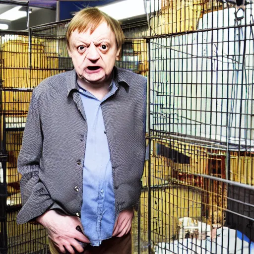 Image similar to mark e smith in a small cage at the pet store, the cage has for sale tag, 4 k