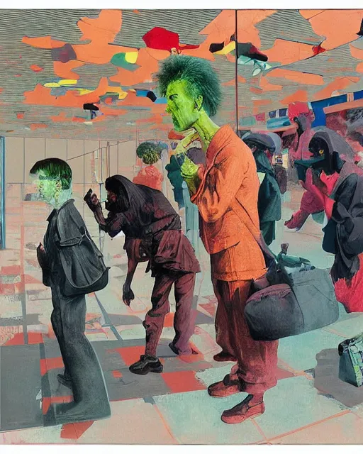 Image similar to square people conversing with dark dogs at a gas station with large oxygen tank in the style of Francis Bacon and Syd Mead and Norman Rockwell and Beksinski, open ceiling, highly detailed, painted by Francis Bacon and Edward Hopper, painted by James Gilleard, surrealism, airbrush, very coherent, triadic color scheme, art by Takato Yamamoto and James Jean