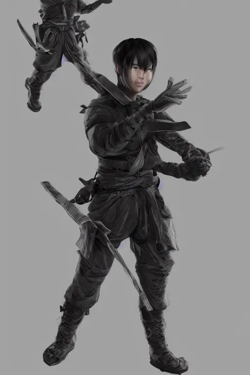 Prompt: a beautiful fullbody portrait of a cute male ninja by kuang hong. artstation, pinterest, ambient occlusion, volumetric light, digital art, highly detailed, fine detail, complex fantasy character, rendered in octane