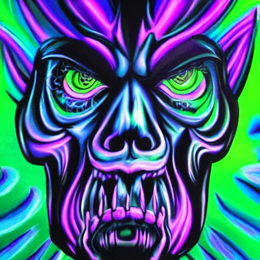 Image similar to psychedelic blacklight airbrush artwork of a stylized orc biker