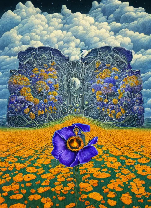 Image similar to detailed, intricate blue black and purple papaverum flower on the field, nebula, galaxy in the sky, winning award masterpiece, fantastically beautiful, illustration, aestheticly inspired, jacek yerka, upscale with anguissola sofonisba work, artstation, 8 k