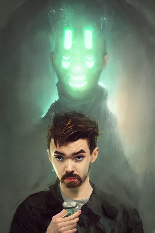 Image similar to a fancy portrait of the YouTuber jacksepticeye by Greg Rutkowski, Sung Choi, Mitchell Mohrhauser, Maciej Kuciara, Johnson Ting, Maxim Verehin, Peter Konig , mythical, 8k photorealistic, cinematic lighting, HD, high details, atmospheric,