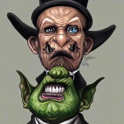 Image similar to a cartoonishly evil goblin, supervillain, top hat and luxurious moustache, green skin, cartoon style, d & d character portrait, victorian clothing, digital art, 8 k,