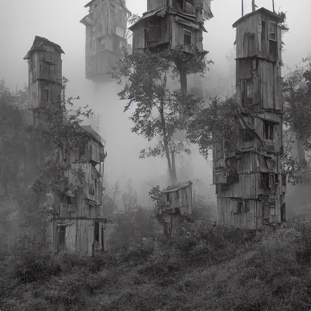 Prompt: two towers, made up of makeshift squatter shacks, misty, dystopia, hasselblad x 1 d, fully frontal view, very detailed, photographed by ansel adams